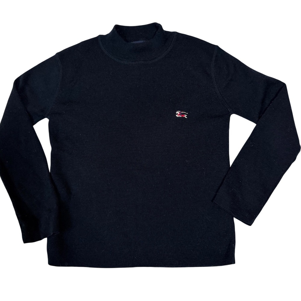 Burberry Mock Neck Sweater 5 Black Wool Blend Embroidered Knight Logo